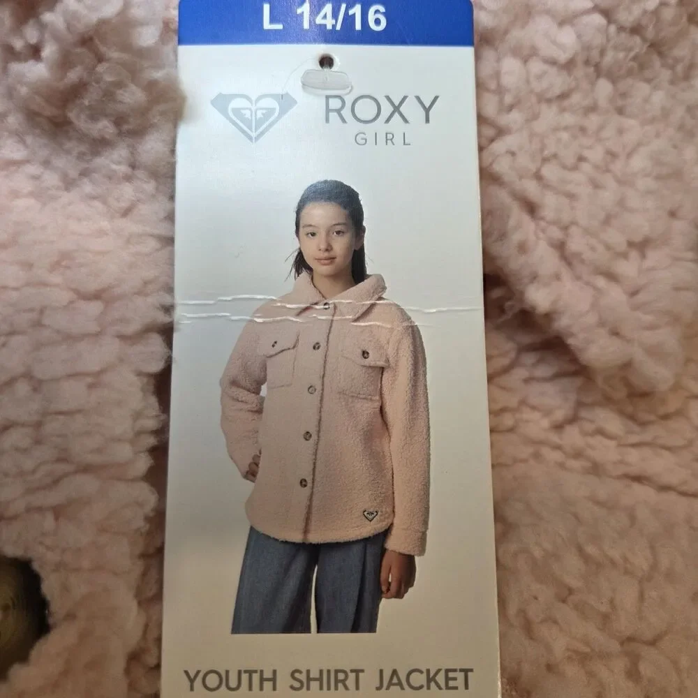 ROXY Girl Fleece Sherpa Shacket Jacket Pink Button Front Pockets Size‎ L